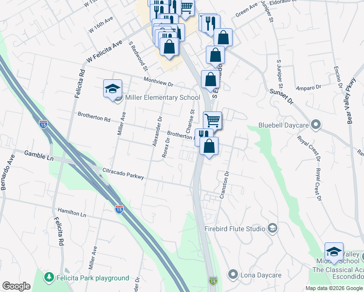 map of restaurants, bars, coffee shops, grocery stores, and more near 2328 Columba Glen in Escondido