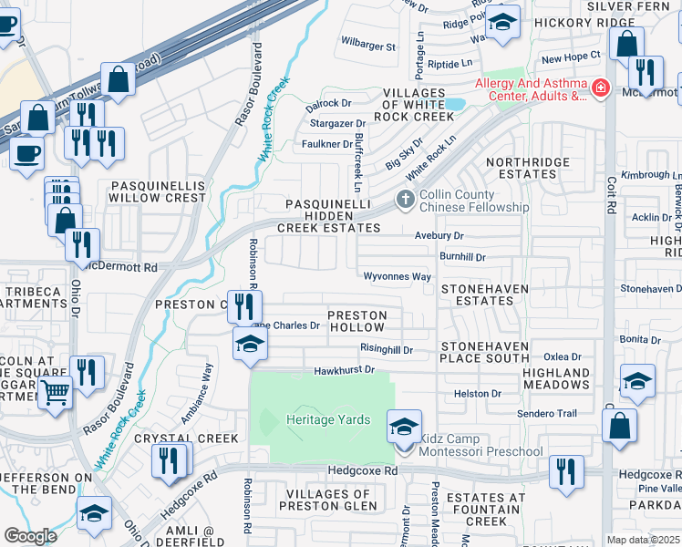 map of restaurants, bars, coffee shops, grocery stores, and more near 8504 Forest Highlands Drive in Plano