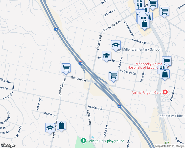 map of restaurants, bars, coffee shops, grocery stores, and more near Avocado Highway in Escondido