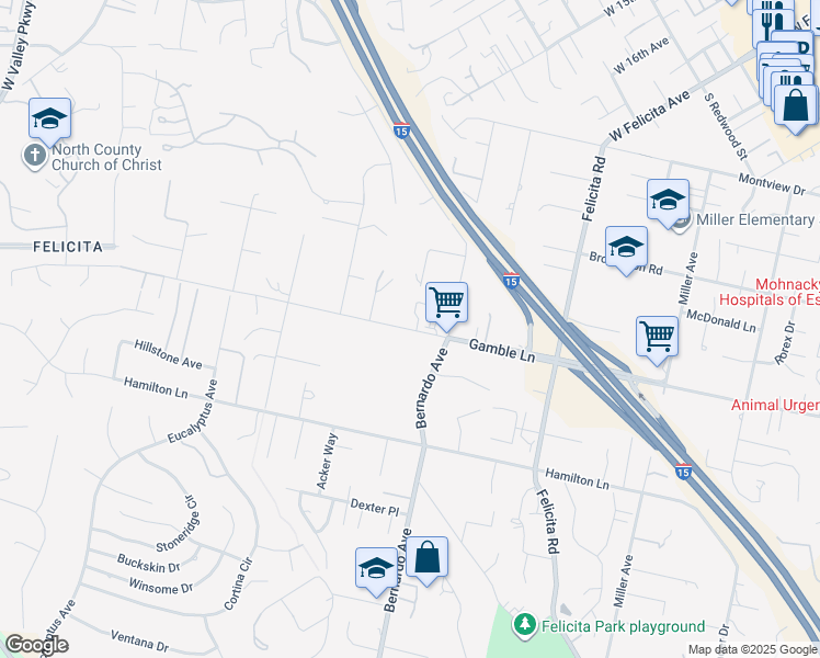 map of restaurants, bars, coffee shops, grocery stores, and more near 1603 Gamble Lane in Escondido