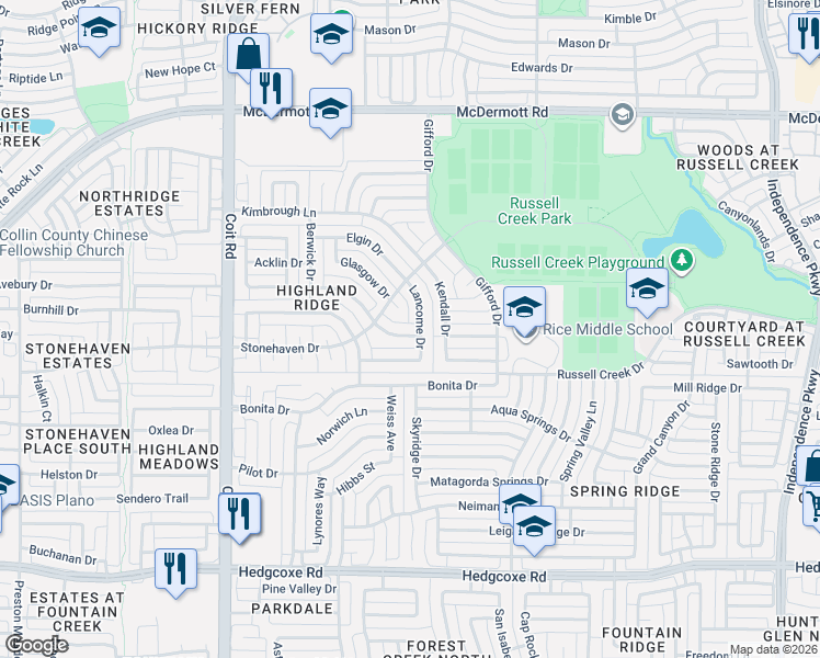 map of restaurants, bars, coffee shops, grocery stores, and more near 3704 Glasgow Drive in Plano