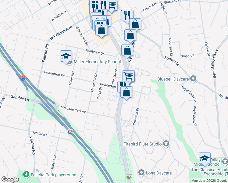 map of restaurants, bars, coffee shops, grocery stores, and more near 449 Brotherton Road in Escondido