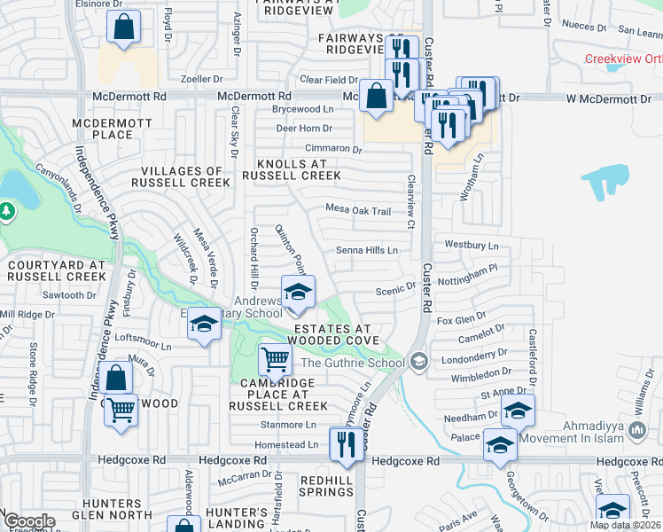 map of restaurants, bars, coffee shops, grocery stores, and more near 2416 Senna Hills Lane in Plano