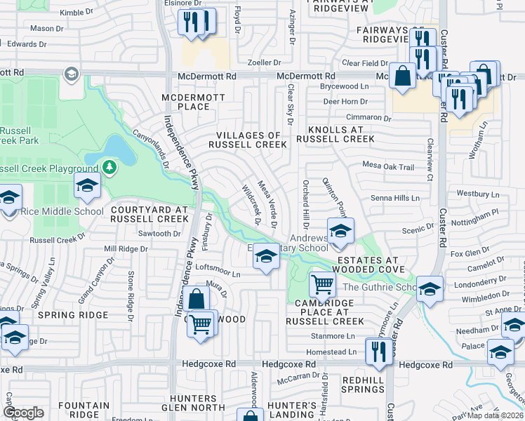 map of restaurants, bars, coffee shops, grocery stores, and more near 8508 Mesa Verde Drive in Plano