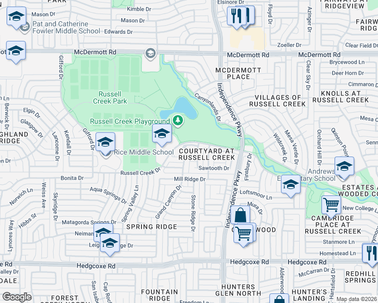 map of restaurants, bars, coffee shops, grocery stores, and more near 3120 Glen Canyon Drive in Plano