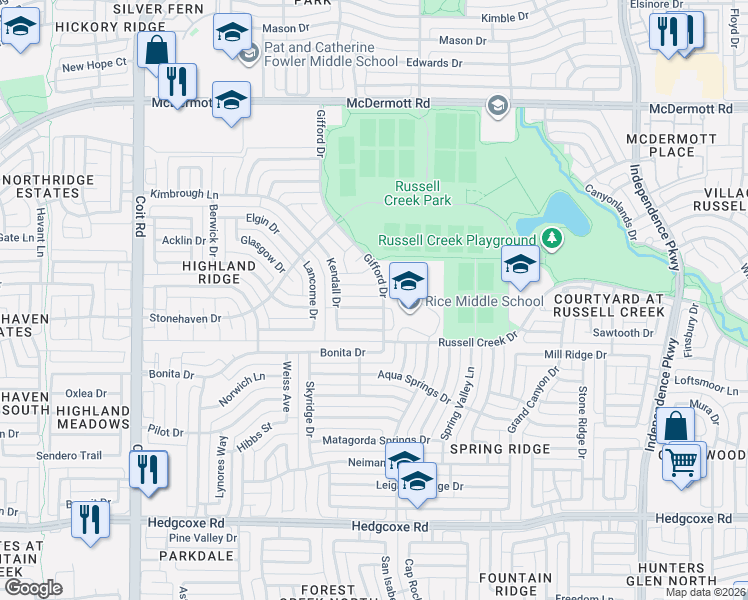 map of restaurants, bars, coffee shops, grocery stores, and more near 3609 Banks Circle in Plano