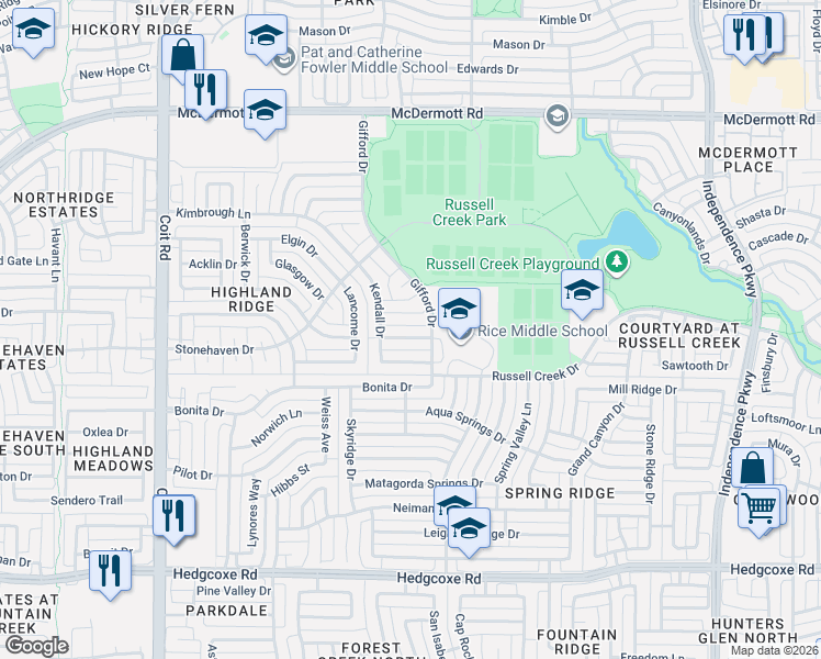 map of restaurants, bars, coffee shops, grocery stores, and more near 3613 Banks Circle in Plano
