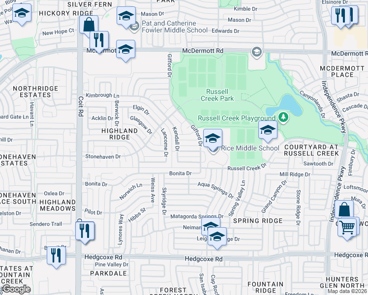 map of restaurants, bars, coffee shops, grocery stores, and more near 3609 Banks Circle in Plano