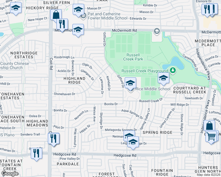 map of restaurants, bars, coffee shops, grocery stores, and more near 8601 Kendall Drive in Plano