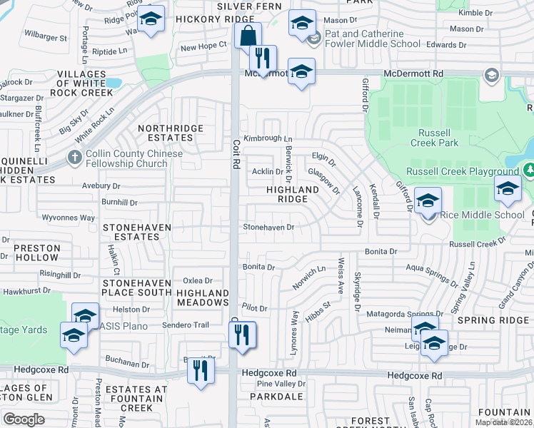 map of restaurants, bars, coffee shops, grocery stores, and more near 3917 Evesham Drive in Plano