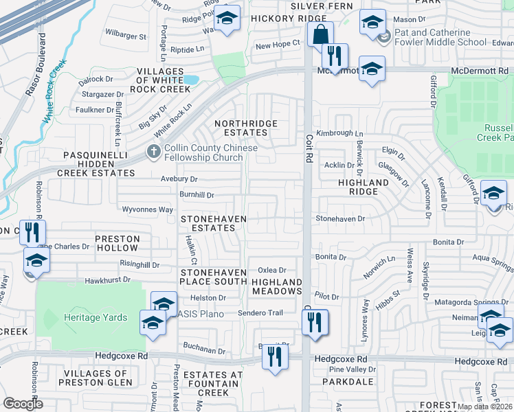 map of restaurants, bars, coffee shops, grocery stores, and more near 4235 Burnhill Drive in Plano