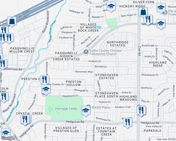 map of restaurants, bars, coffee shops, grocery stores, and more near 4514 Burnhill Drive in Plano