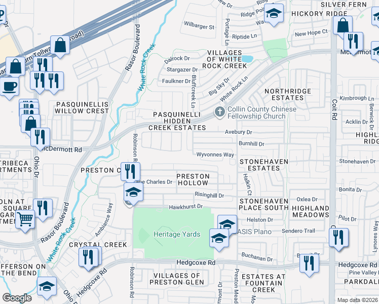 map of restaurants, bars, coffee shops, grocery stores, and more near 8517 Forest Highlands Drive in Plano
