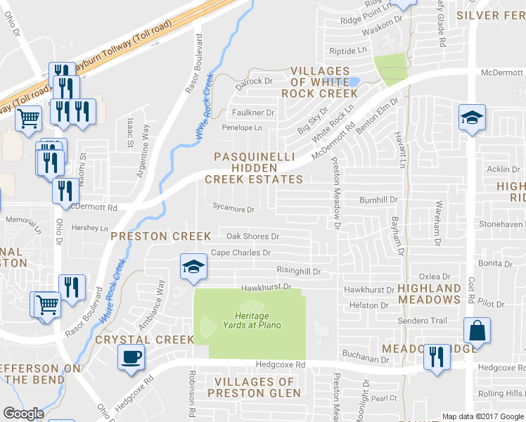map of restaurants, bars, coffee shops, grocery stores, and more near 8517 Forest Highlands Drive in Plano