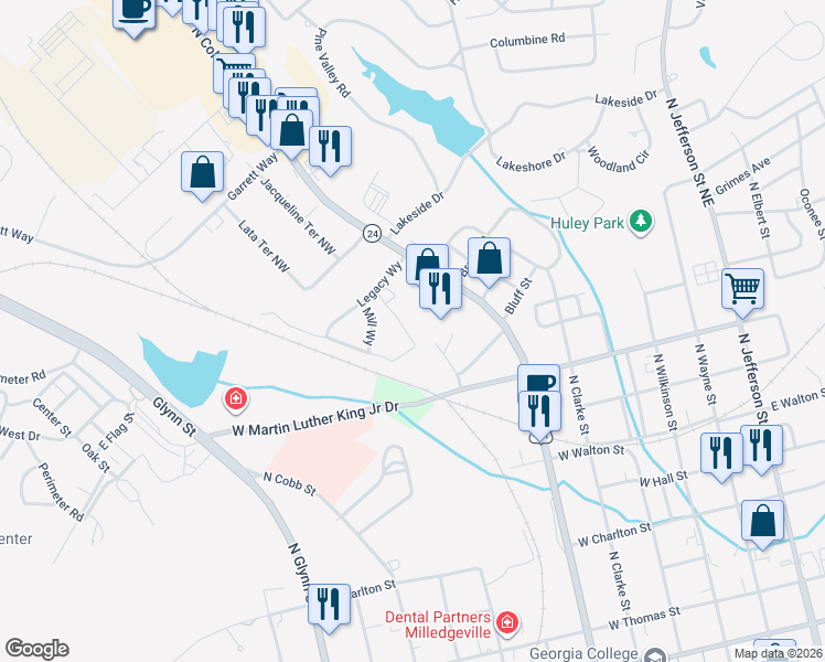 map of restaurants, bars, coffee shops, grocery stores, and more near 1400 North Columbia Street in Milledgeville