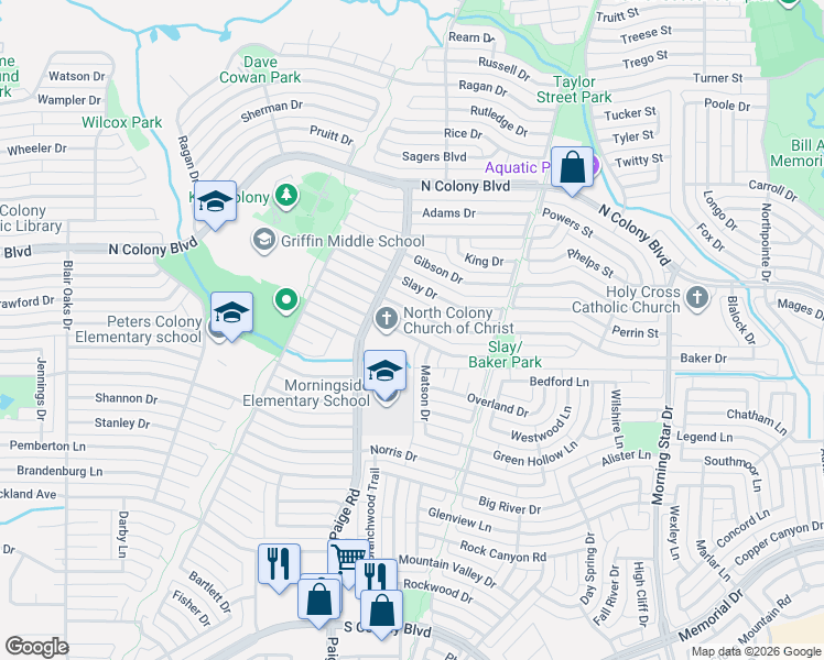map of restaurants, bars, coffee shops, grocery stores, and more near 5433 Baker Drive in The Colony