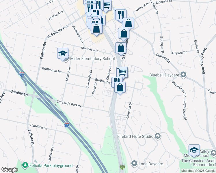 map of restaurants, bars, coffee shops, grocery stores, and more near 449 Brotherton Road in Escondido