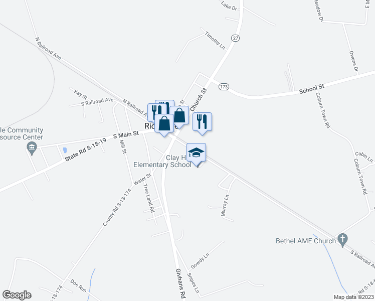 map of restaurants, bars, coffee shops, grocery stores, and more near 399 South Railroad Avenue in Ridgeville