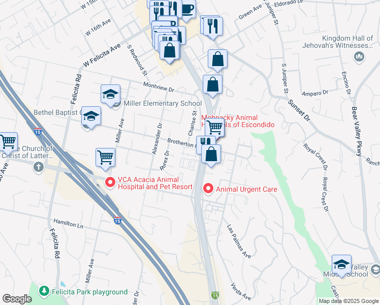 map of restaurants, bars, coffee shops, grocery stores, and more near 2328 Columba Glen in Escondido