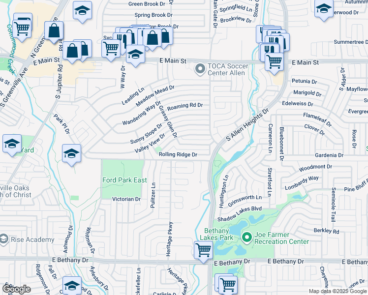 map of restaurants, bars, coffee shops, grocery stores, and more near 810 Grassy Glen Drive in Allen