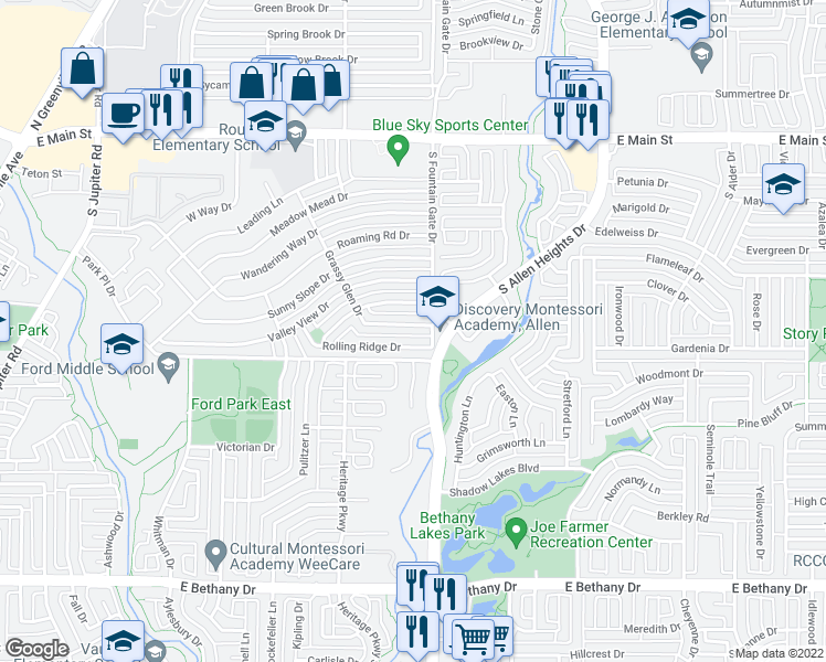 map of restaurants, bars, coffee shops, grocery stores, and more near 908 Grassy Glen Drive in Allen