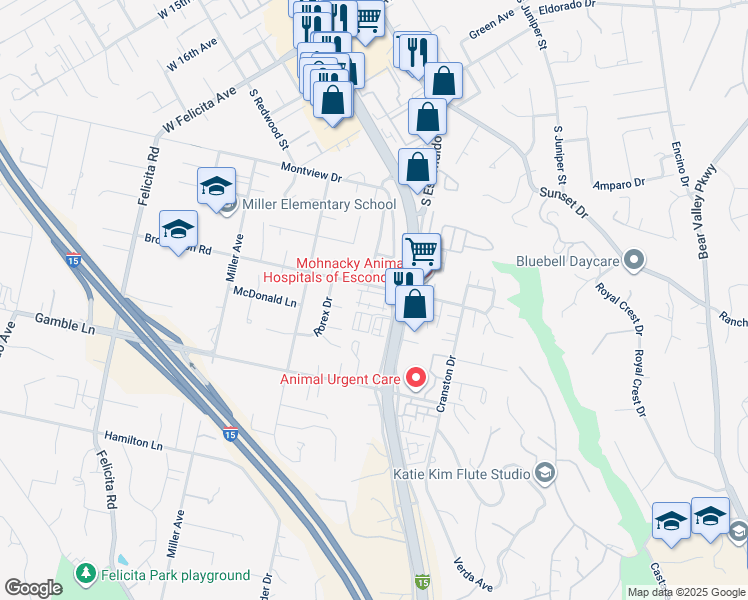 map of restaurants, bars, coffee shops, grocery stores, and more near 449 Brotherton Road in Escondido