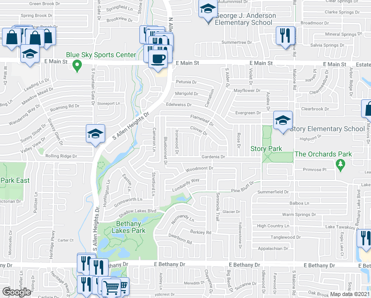 map of restaurants, bars, coffee shops, grocery stores, and more near 704 Juniper Drive in Allen