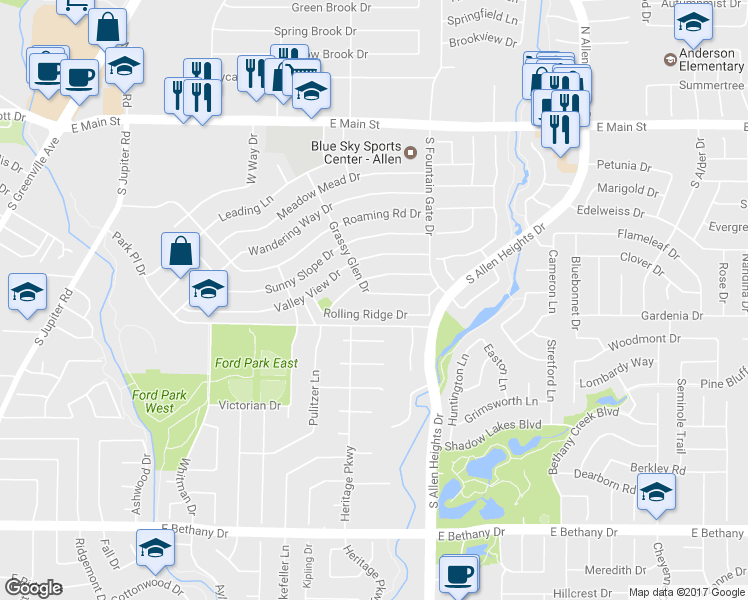 map of restaurants, bars, coffee shops, grocery stores, and more near 808 Grassy Glen Dr in Allen