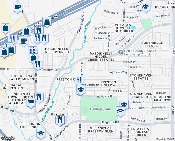 map of restaurants, bars, coffee shops, grocery stores, and more near 8600 Brunswick Drive in Plano