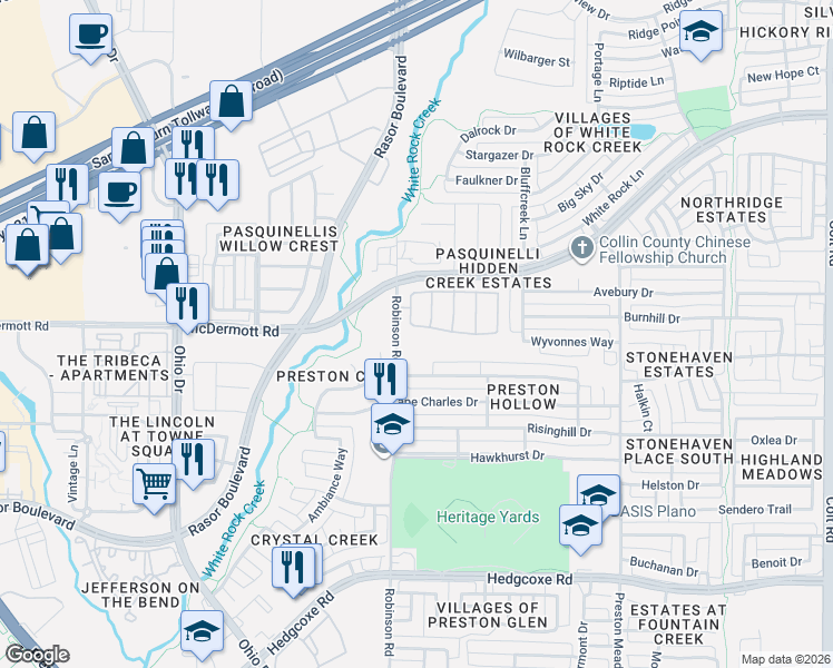 map of restaurants, bars, coffee shops, grocery stores, and more near 4551-4599 Sycamore Drive in Plano
