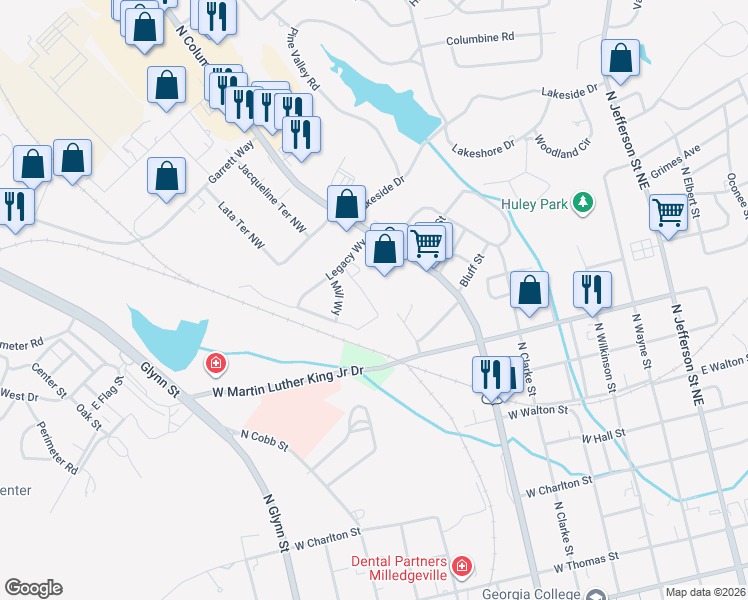 map of restaurants, bars, coffee shops, grocery stores, and more near 1498 N Columbia St in Milledgeville