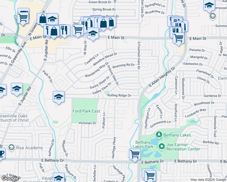 map of restaurants, bars, coffee shops, grocery stores, and more near 727 Circle Cove Drive in Allen