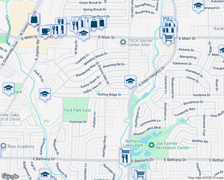 map of restaurants, bars, coffee shops, grocery stores, and more near 808 Grassy Glen Drive in Allen