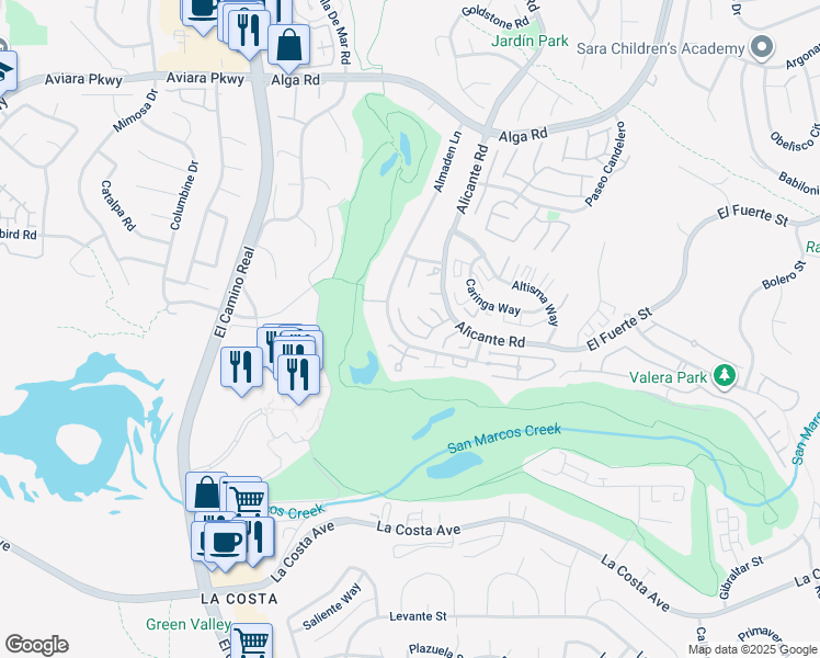 map of restaurants, bars, coffee shops, grocery stores, and more near 7325 Alicante Road in Carlsbad