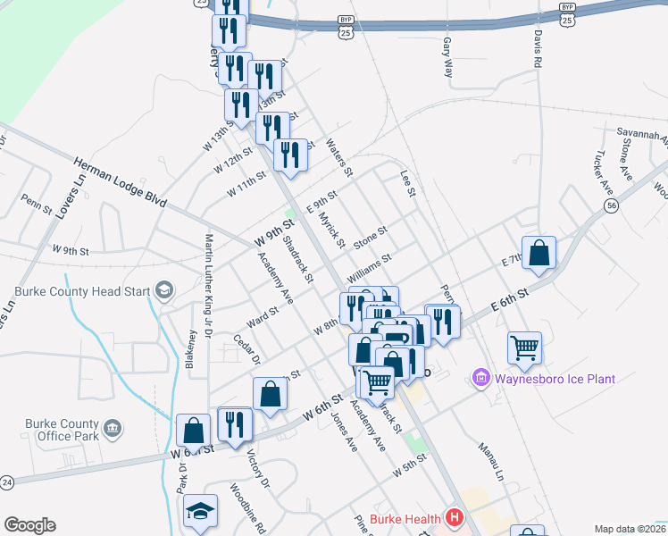map of restaurants, bars, coffee shops, grocery stores, and more near 802 North Liberty Street in Waynesboro