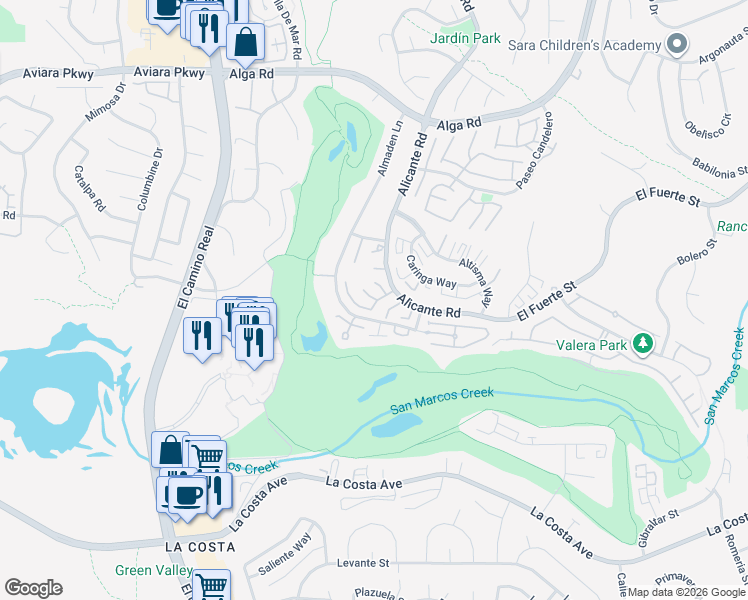 map of restaurants, bars, coffee shops, grocery stores, and more near 2202 Plaza De Las Flores in Carlsbad