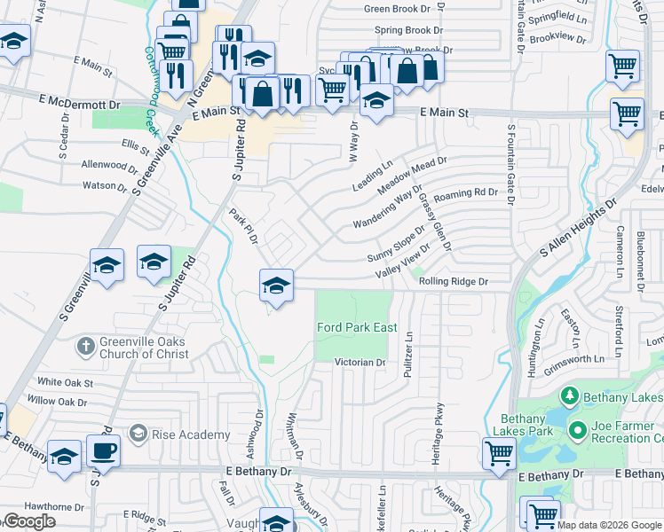 map of restaurants, bars, coffee shops, grocery stores, and more near 622 Wandering Way Drive in Allen