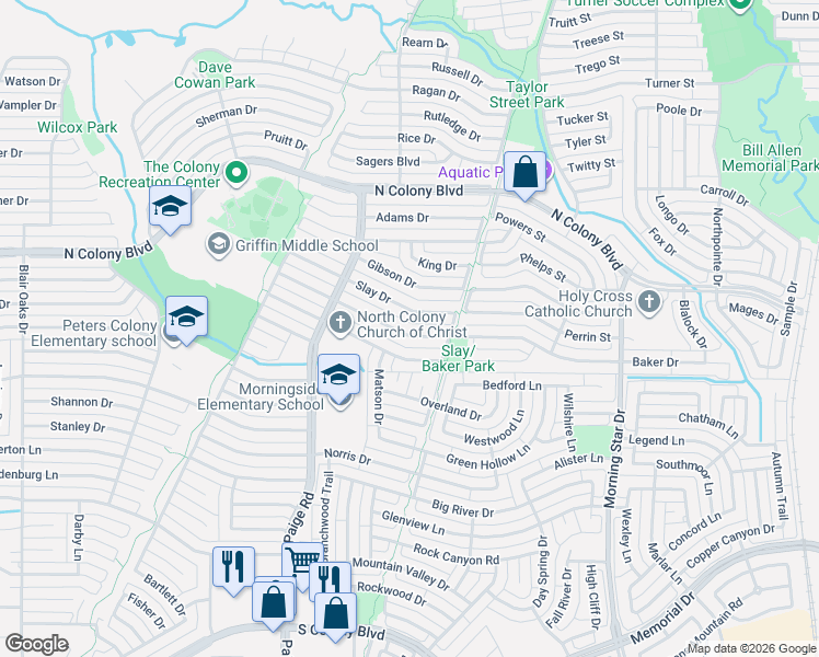 map of restaurants, bars, coffee shops, grocery stores, and more near 5512 Slay Drive in The Colony