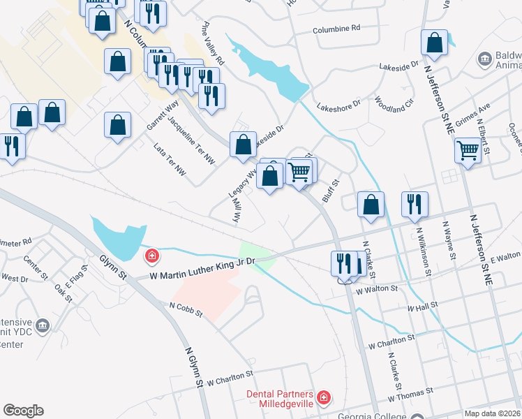 map of restaurants, bars, coffee shops, grocery stores, and more near 1498 N Columbia St in Milledgeville