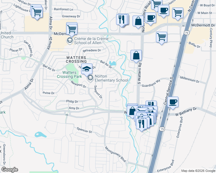 map of restaurants, bars, coffee shops, grocery stores, and more near 1012 Madera Court in Allen