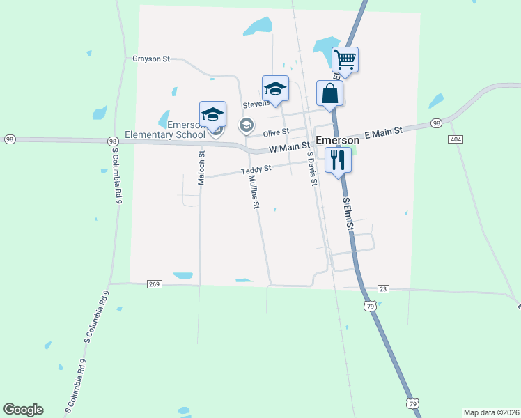 map of restaurants, bars, coffee shops, grocery stores, and more near 403 Mullins Street in Emerson