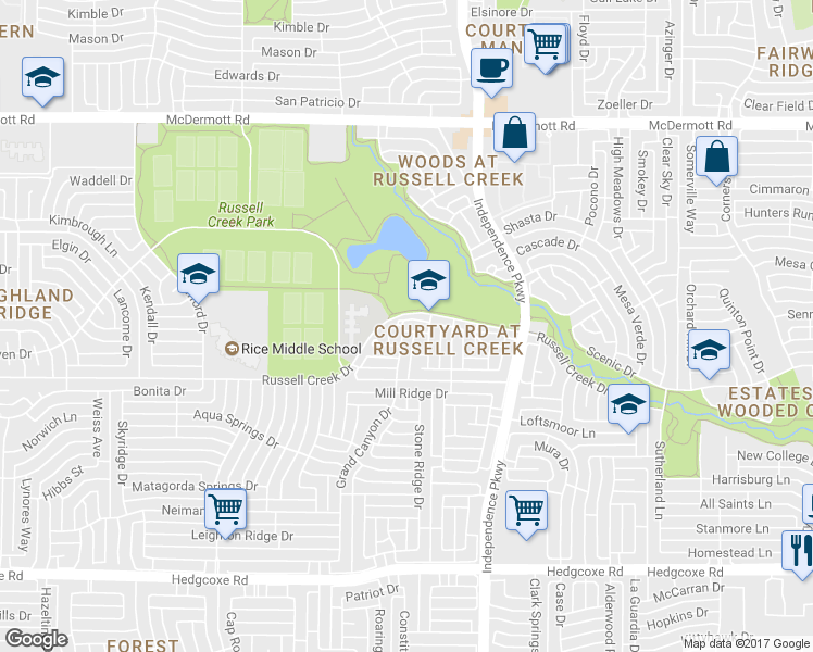 map of restaurants, bars, coffee shops, grocery stores, and more near 3120 Glen Canyon Drive in Plano