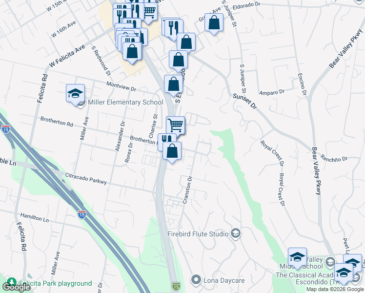 map of restaurants, bars, coffee shops, grocery stores, and more near 397 Brotherton Square in Escondido