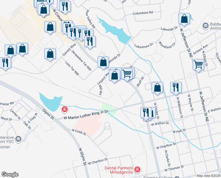 map of restaurants, bars, coffee shops, grocery stores, and more near 1498 N Columbia St in Milledgeville