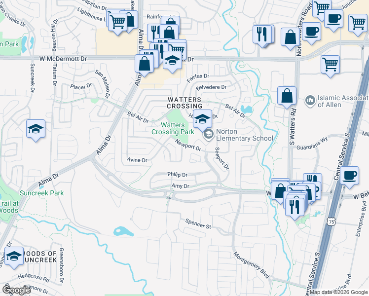 map of restaurants, bars, coffee shops, grocery stores, and more near 507 Riverside Court in Allen
