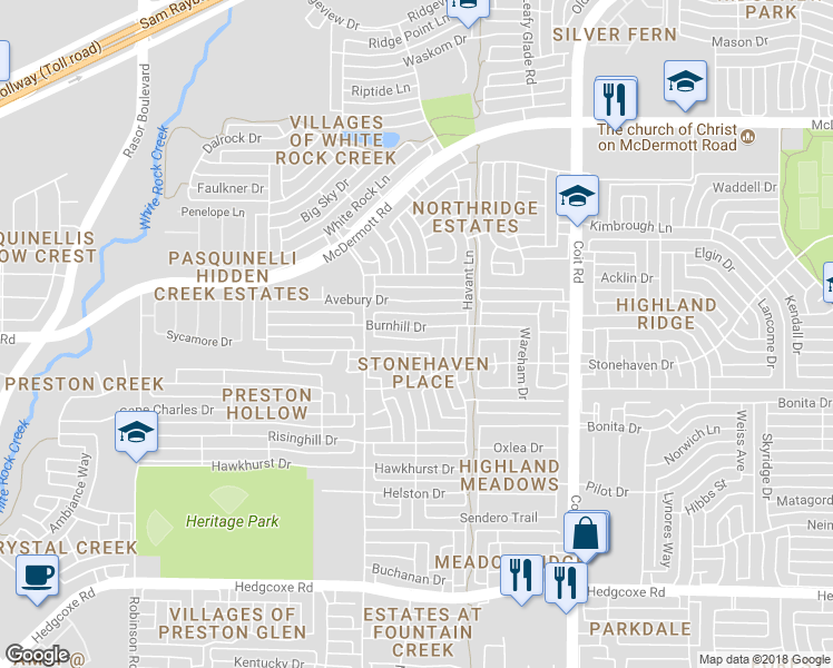 map of restaurants, bars, coffee shops, grocery stores, and more near 4321-4401 Burnhill Drive in Plano