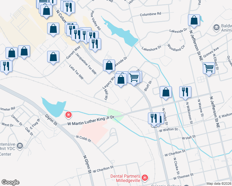 map of restaurants, bars, coffee shops, grocery stores, and more near 1498 N Columbia St in Milledgeville