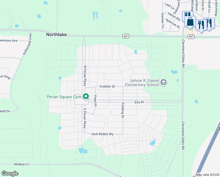 map of restaurants, bars, coffee shops, grocery stores, and more near 2501 Cobbler Street in Northlake