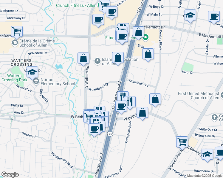 map of restaurants, bars, coffee shops, grocery stores, and more near 700 Central Expressway South in Allen