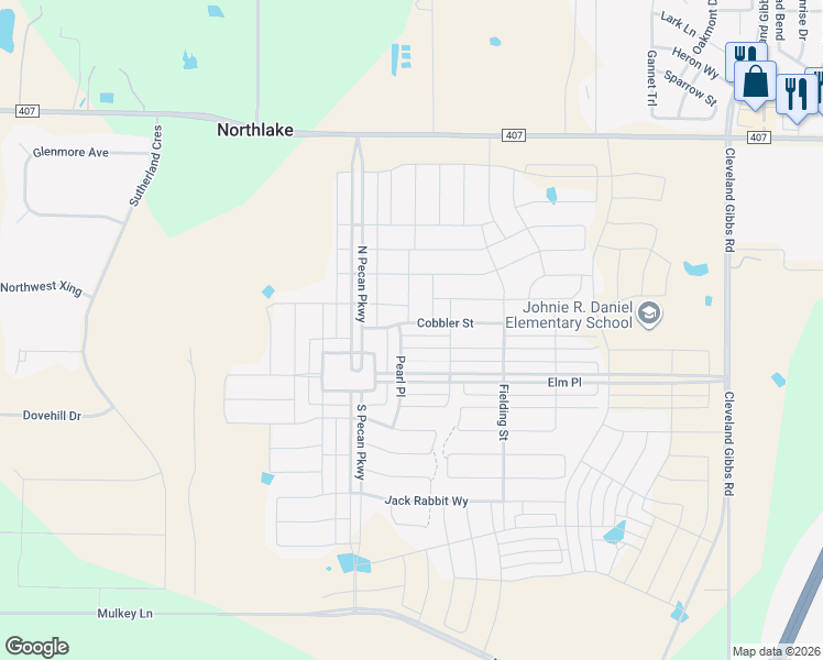 map of restaurants, bars, coffee shops, grocery stores, and more near 2533 Cobbler Street in Northlake